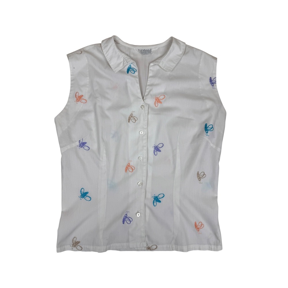 Adelaar 12 Sleeveless Blouse Bee Embroidery Cotton Blend White Vintage Top